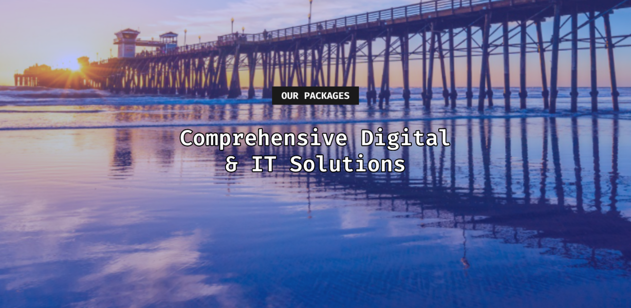 Blue and orange oceanside with pier and local marketing call to action.