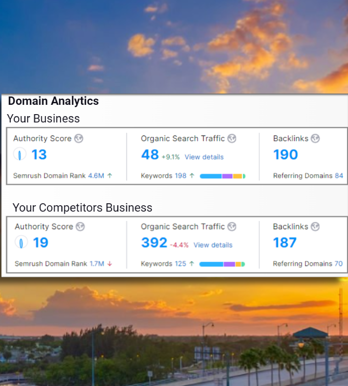 A shot of an advanced website report that shows authority, organic traffic, and backlinks.