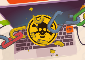 A broken chain and toxic symbol over a laptop that represents link detox SEO services.