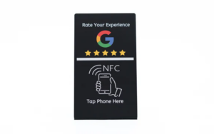 A Google review stand with NFC technology inside.
