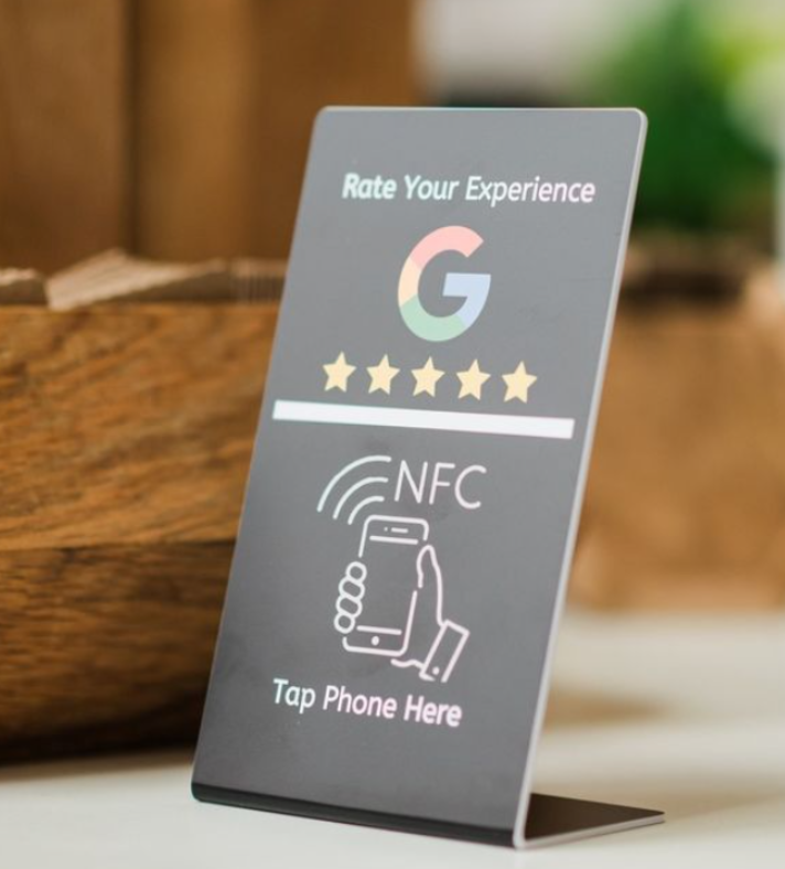 Google review stand at local business.